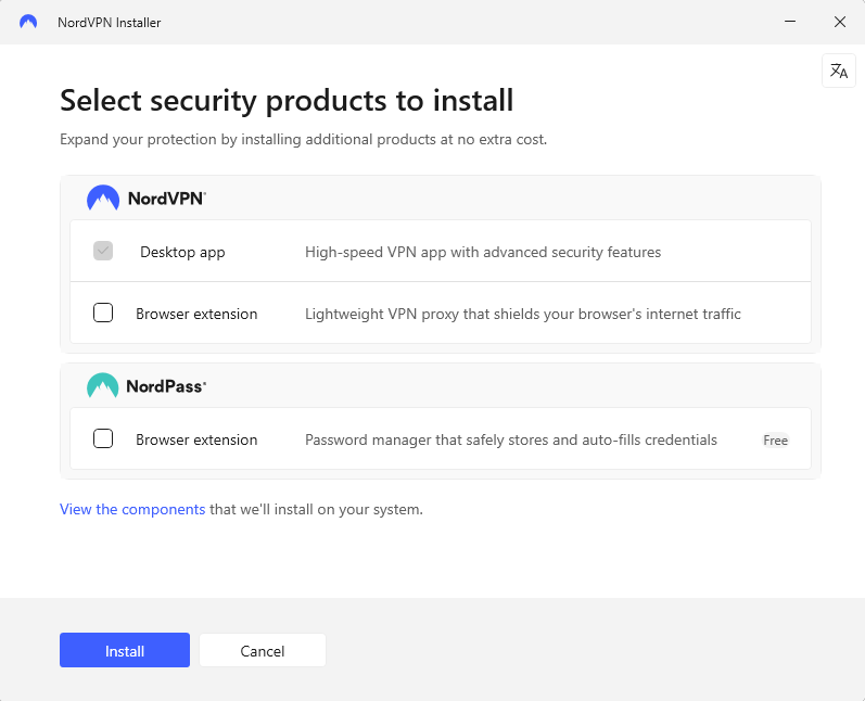 NordVPN select products to install