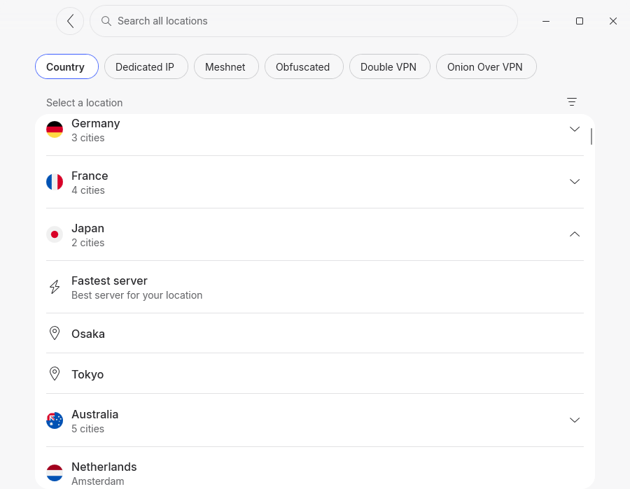 NordVPN server selection - Japan
