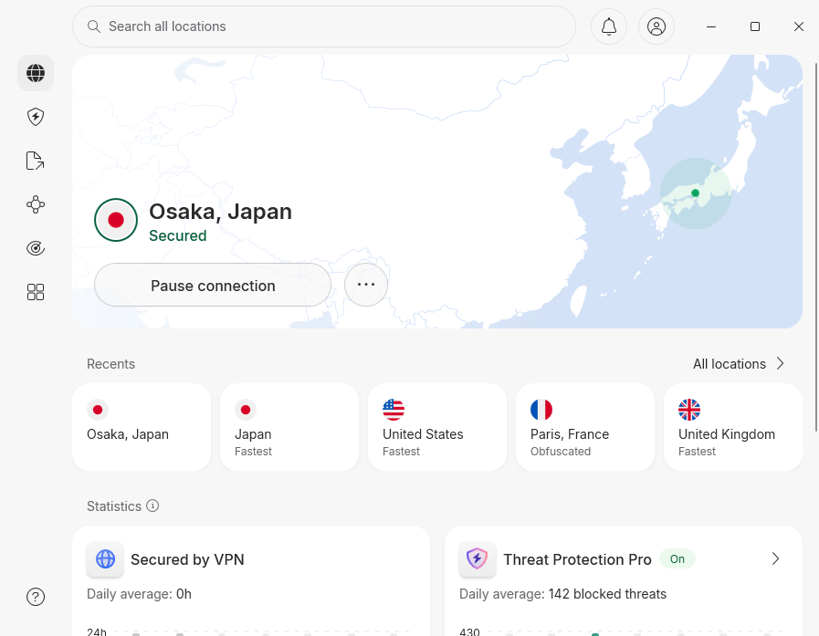 NordVPN connected to Osaka Japan